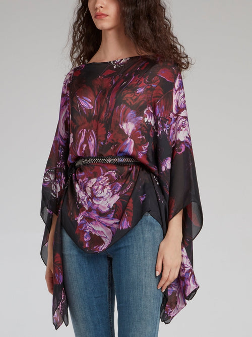 Purple Floral Bateau Neck Short Kaftan