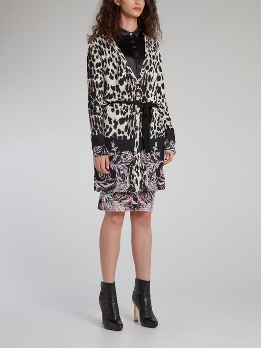 Leopard Print Tie Front Long Cardigan