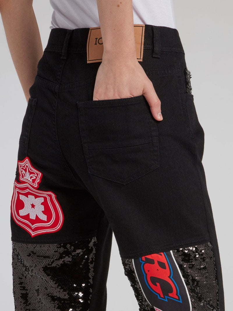 Black Logo Sequin Panel Straight Cut Jeans