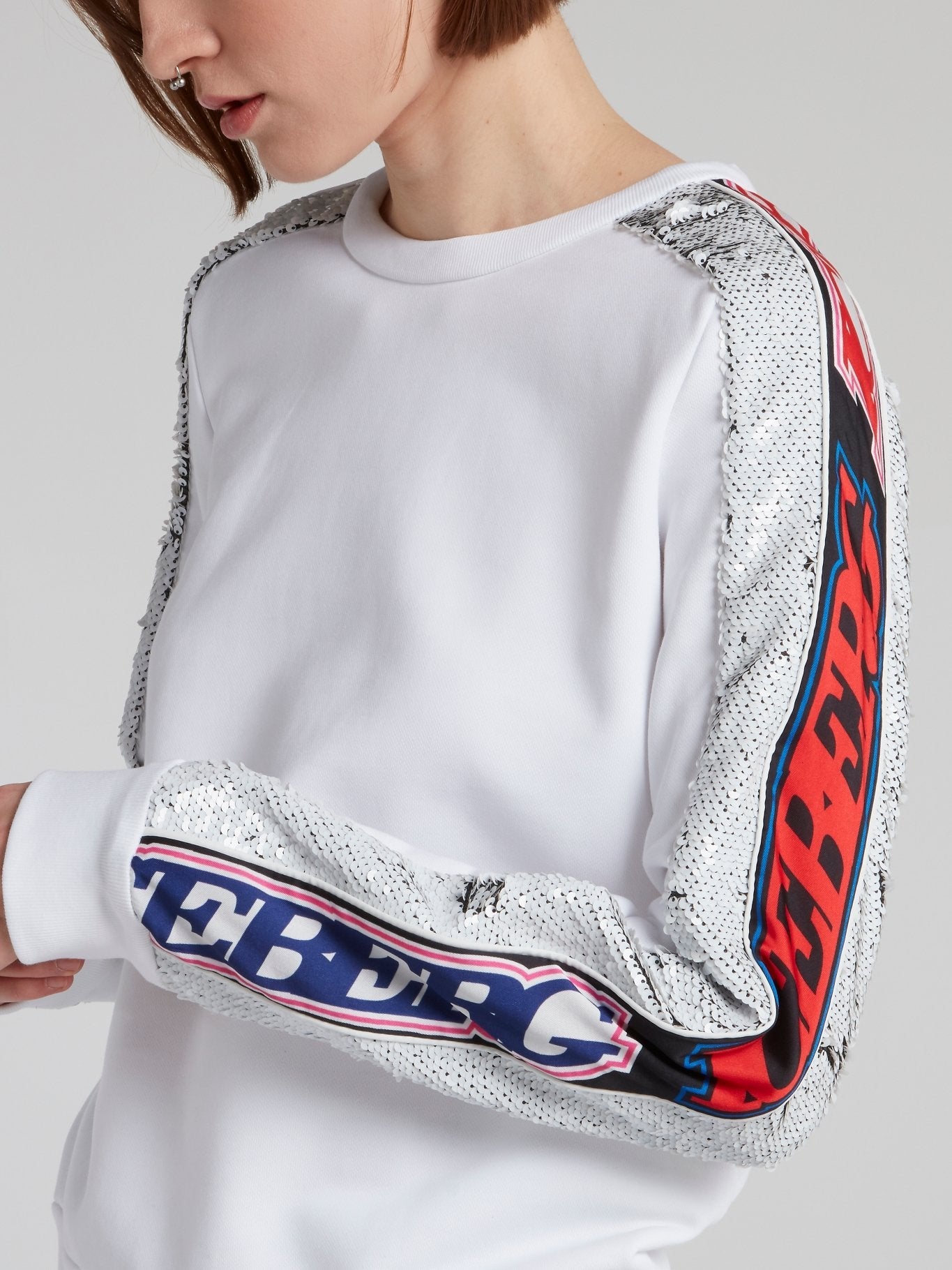 White Logo Sequin Sleeve Sweatshirt