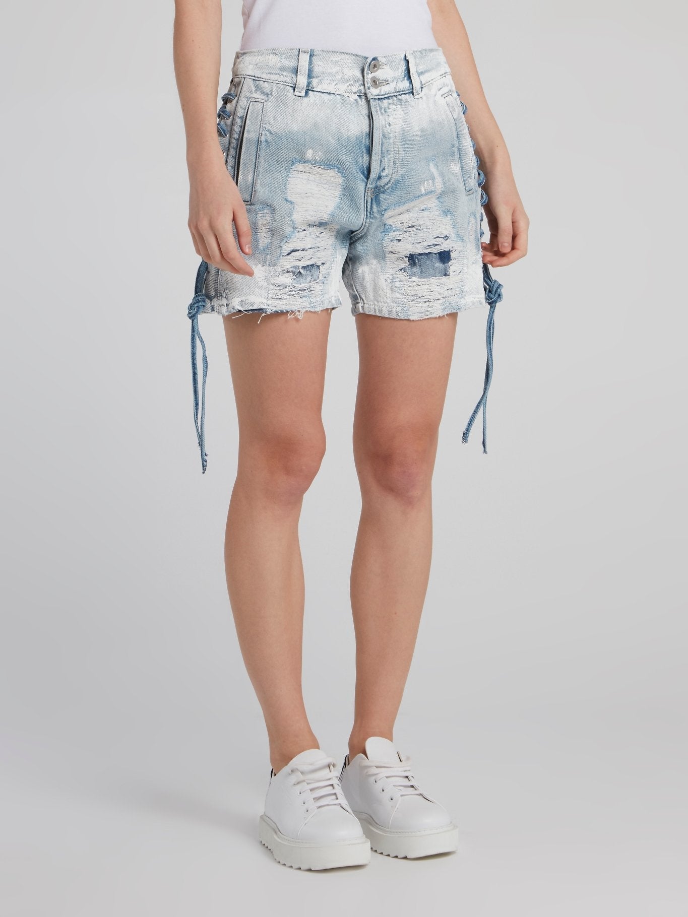 Lace Up Tattered Denim Shorts