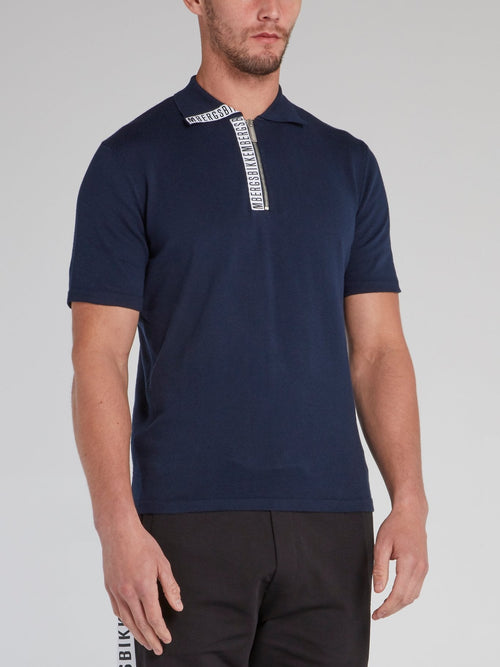 Navy Logo Tape Knitted Polo Shirt