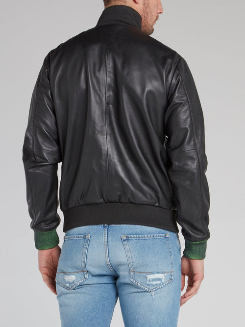 Black Ribbed Edge Logo Leather Jacket