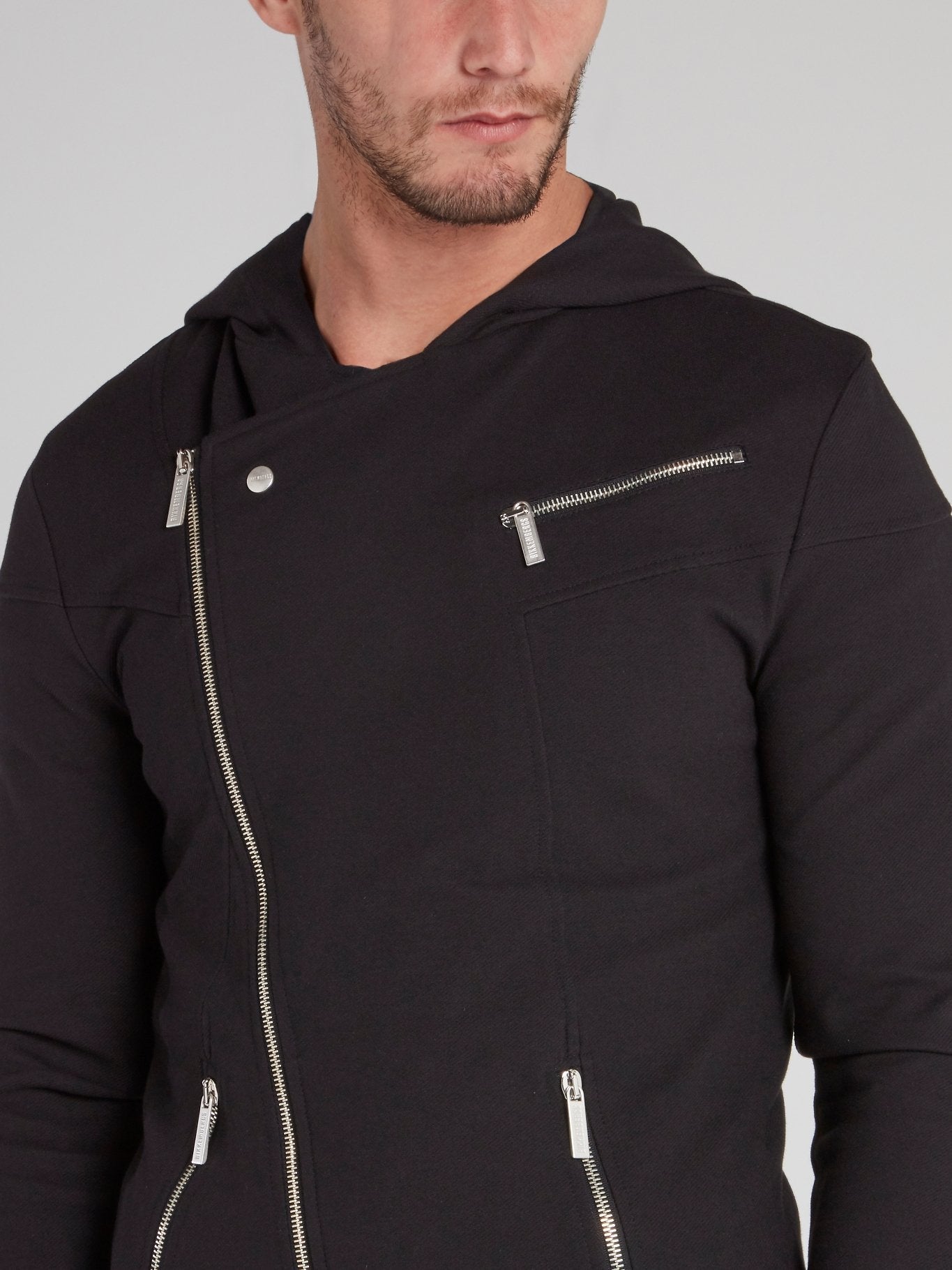 Black Slant Zip Hooded Jacket