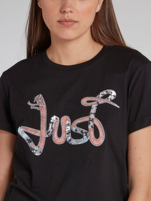 Black Sequin Snake Logo T-Shirt