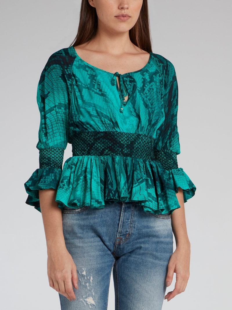 Green Frill Hem Snake Effect Top