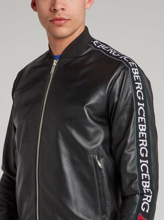 Black Logo Tape Leather Jacket