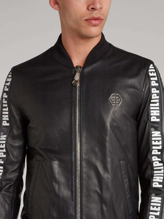 Black Logo Tape Leather Bomber Jacket