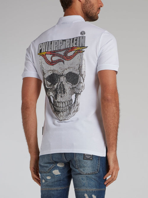 White Rear Studded Skull Polo Shirt