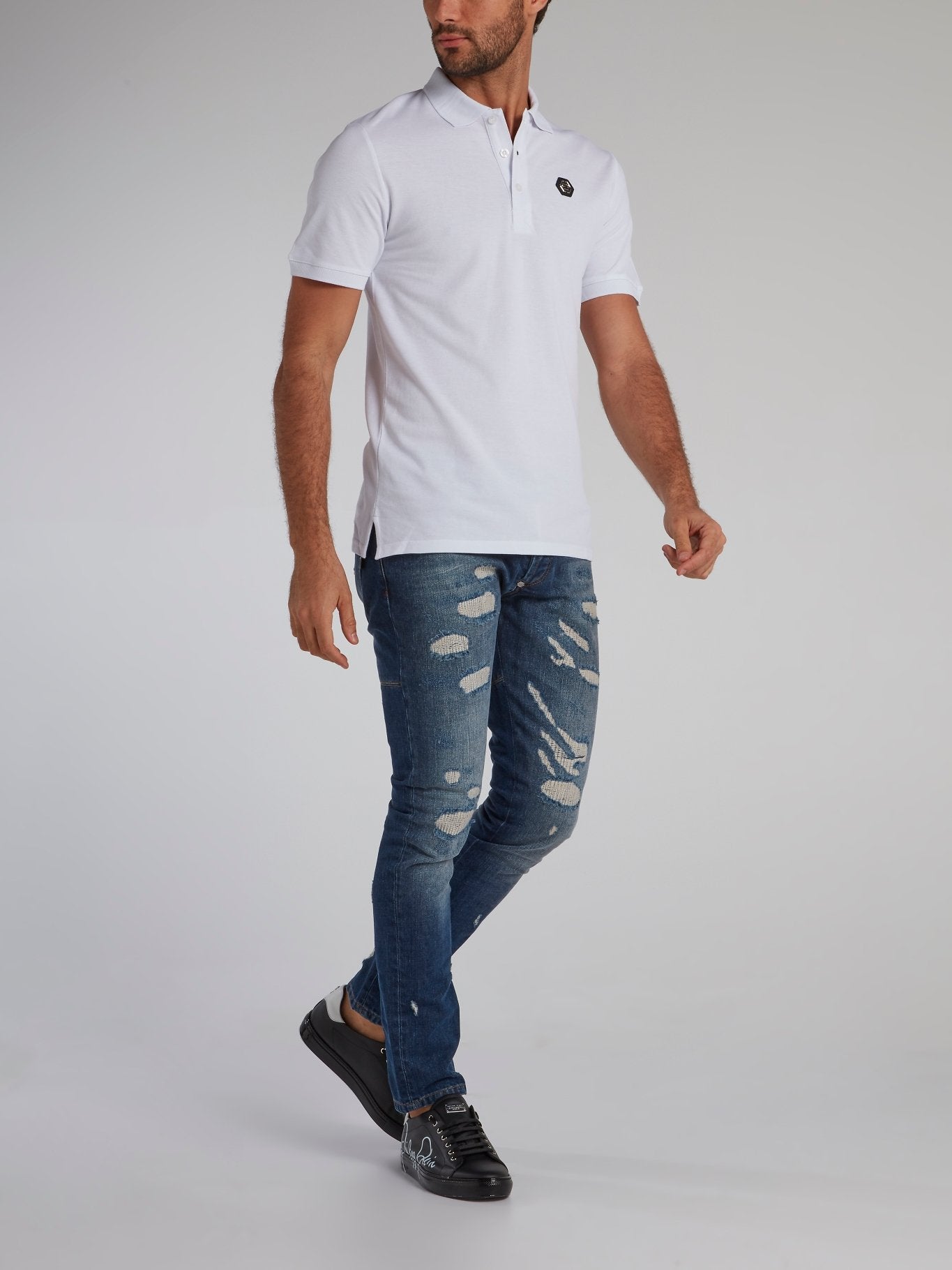 White Rear Studded Skull Polo Shirt