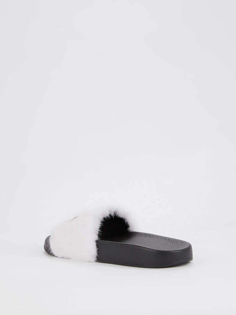 White Crystal Monogram Fur Slides