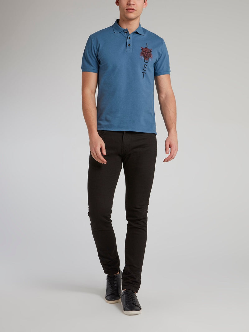 Blue Leopard Head Print Polo Shirt