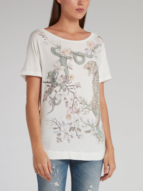 White Floral Embellished Printed Top