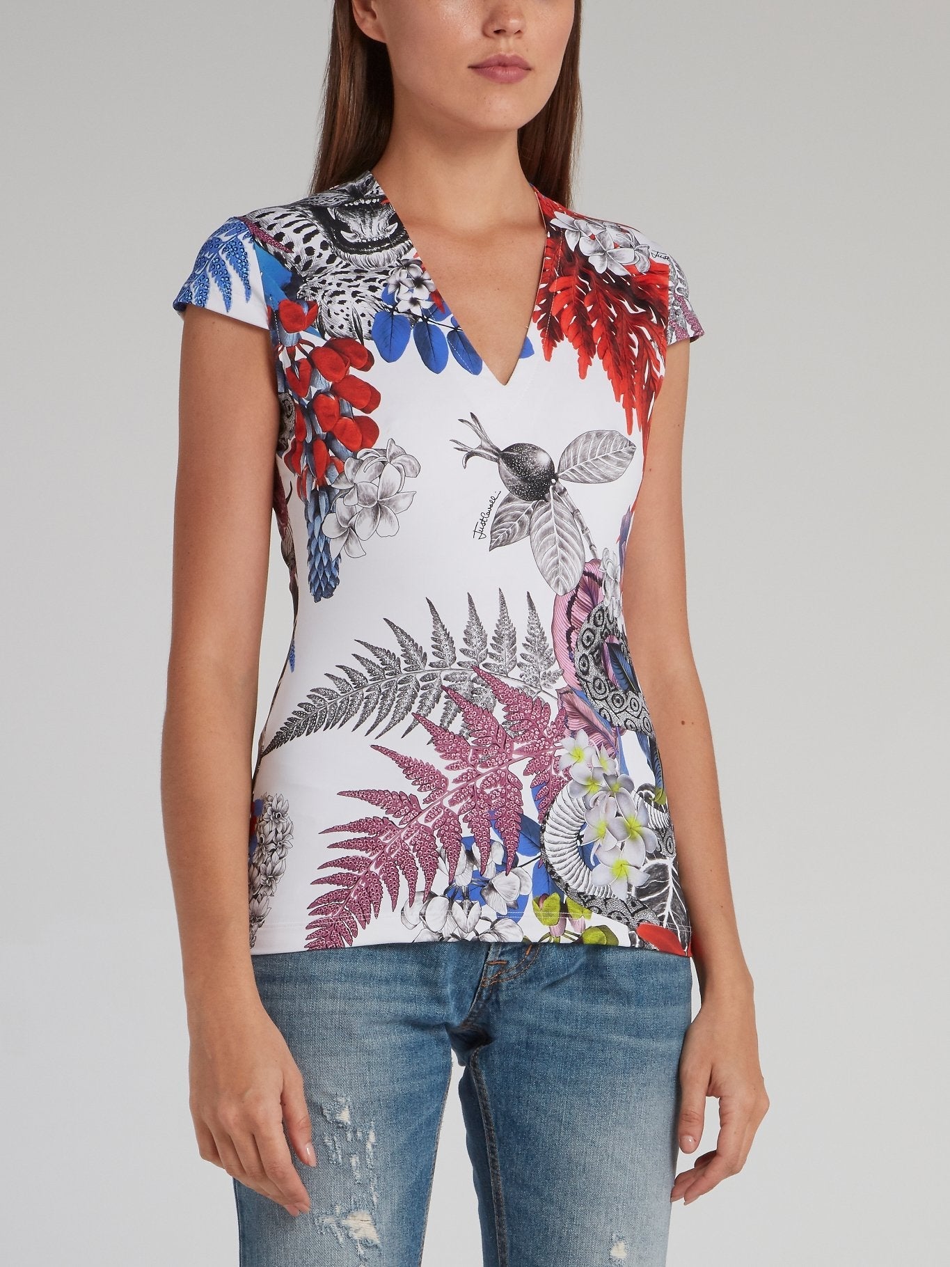 Tropical Print V-Neck Top