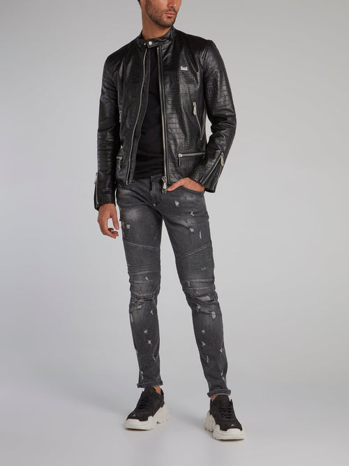 Grey Distressed Biker Jeans