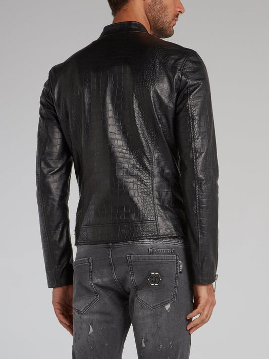 Crocodile Effect Leather Moto Jacket