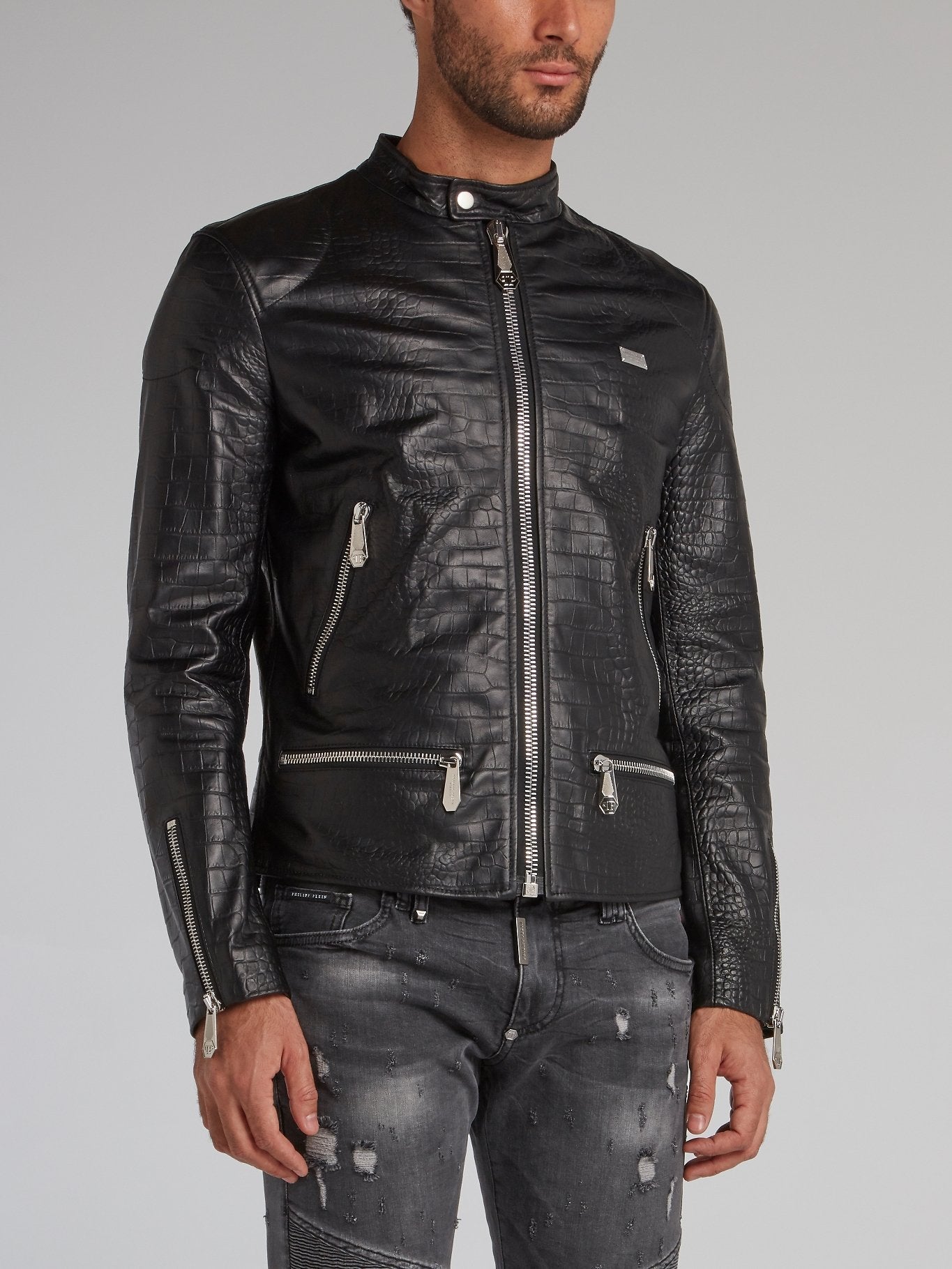 Crocodile Effect Leather Moto Jacket