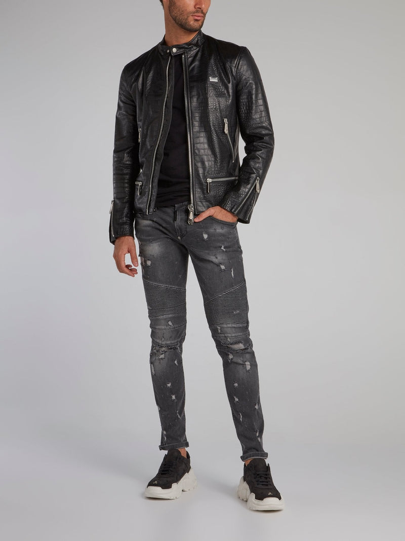 Crocodile Effect Leather Moto Jacket