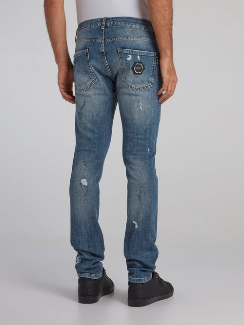 Blue Stone Wash Distressed Jeans