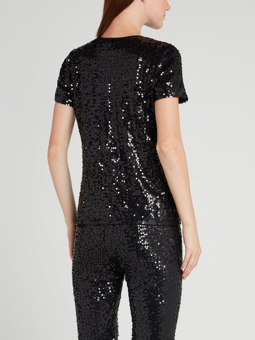 Black Round Neck Sequin T-Shirt