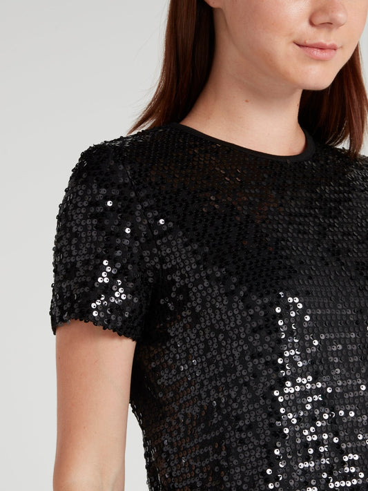 Black Round Neck Sequin T-Shirt