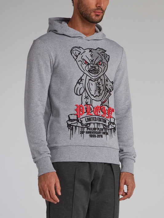 Grey Embellished Bear Hoodie Sweatshirt