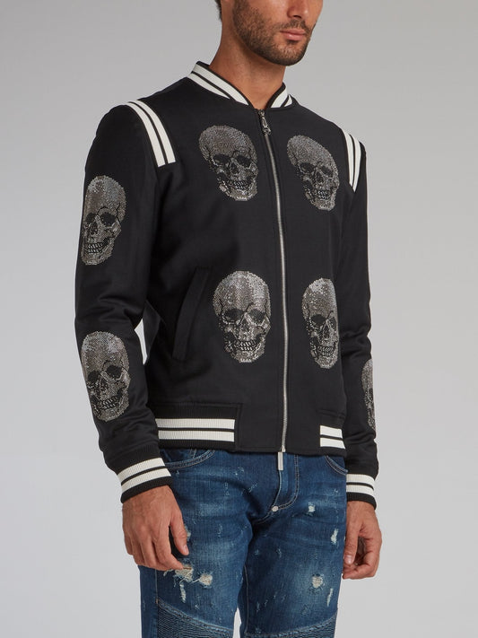 Black Contrast Skull Bomber Jacket