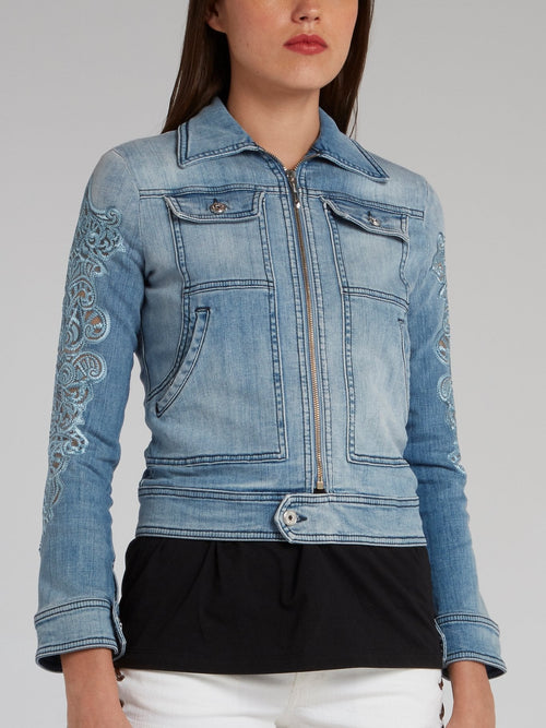 Detailed Sleeve Zip Up Denim Jacket