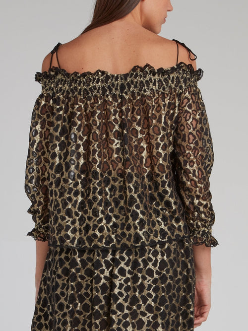 Gold Off-The-Shoulder Leopard Mesh Top