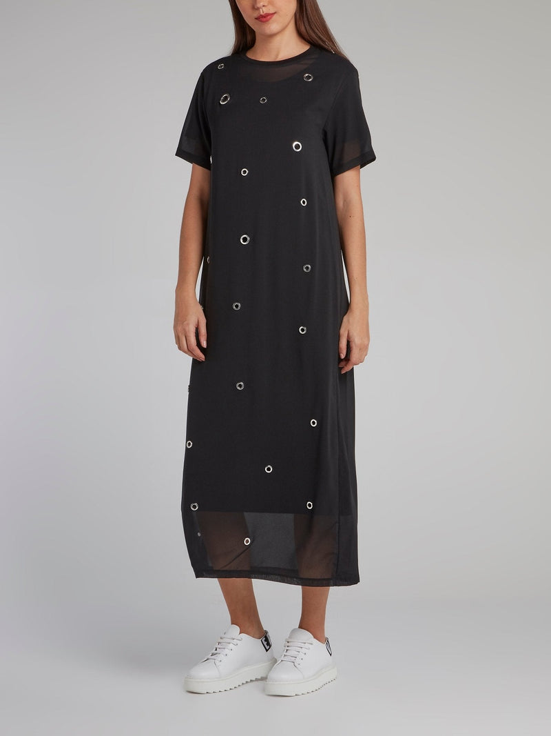 Black Ring Embellished Overlay Jersey Dress