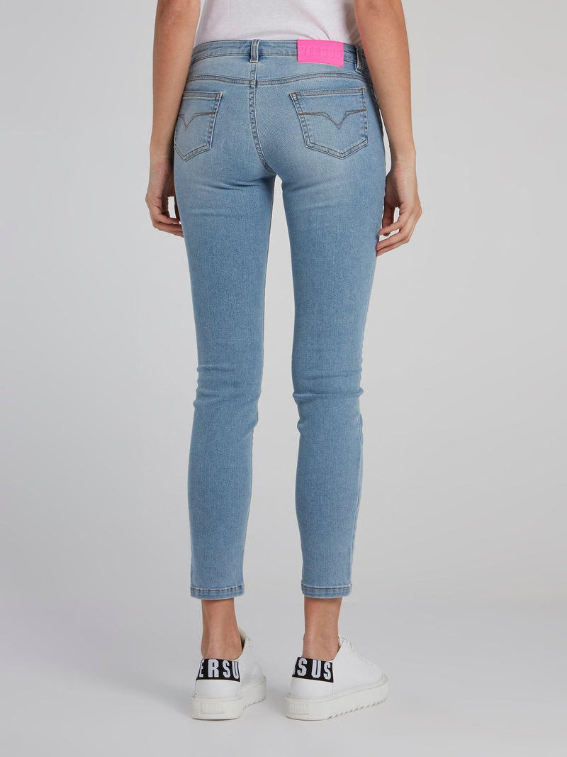 Blue Appliquéd Crop Jeans