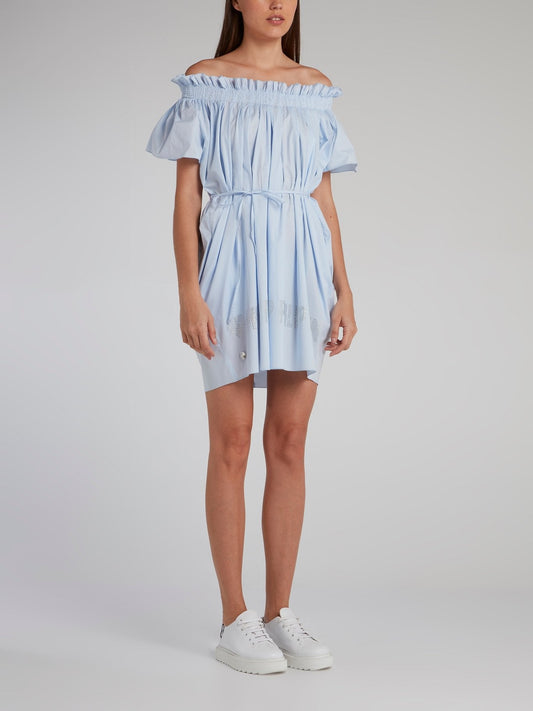 Blue Smocked Off-The-Shoulder Dress