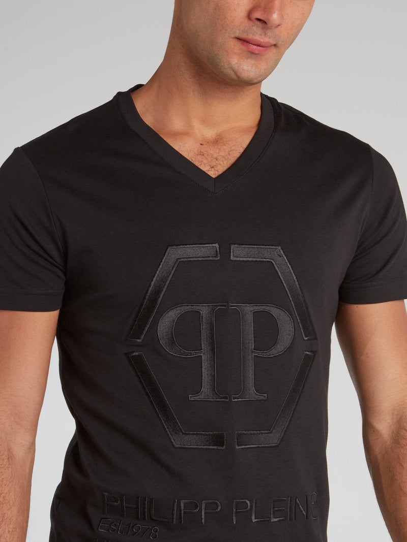 Black Embroidered Monogram V-Neck T-Shirt