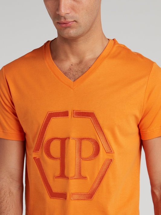 Orange Embroidered Monogram V-Neck T-Shirt