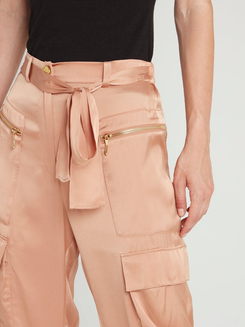 Peach Tie Front Cargo Pants