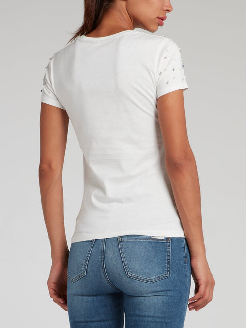 White Pearl Embellished Statement T-Shirt