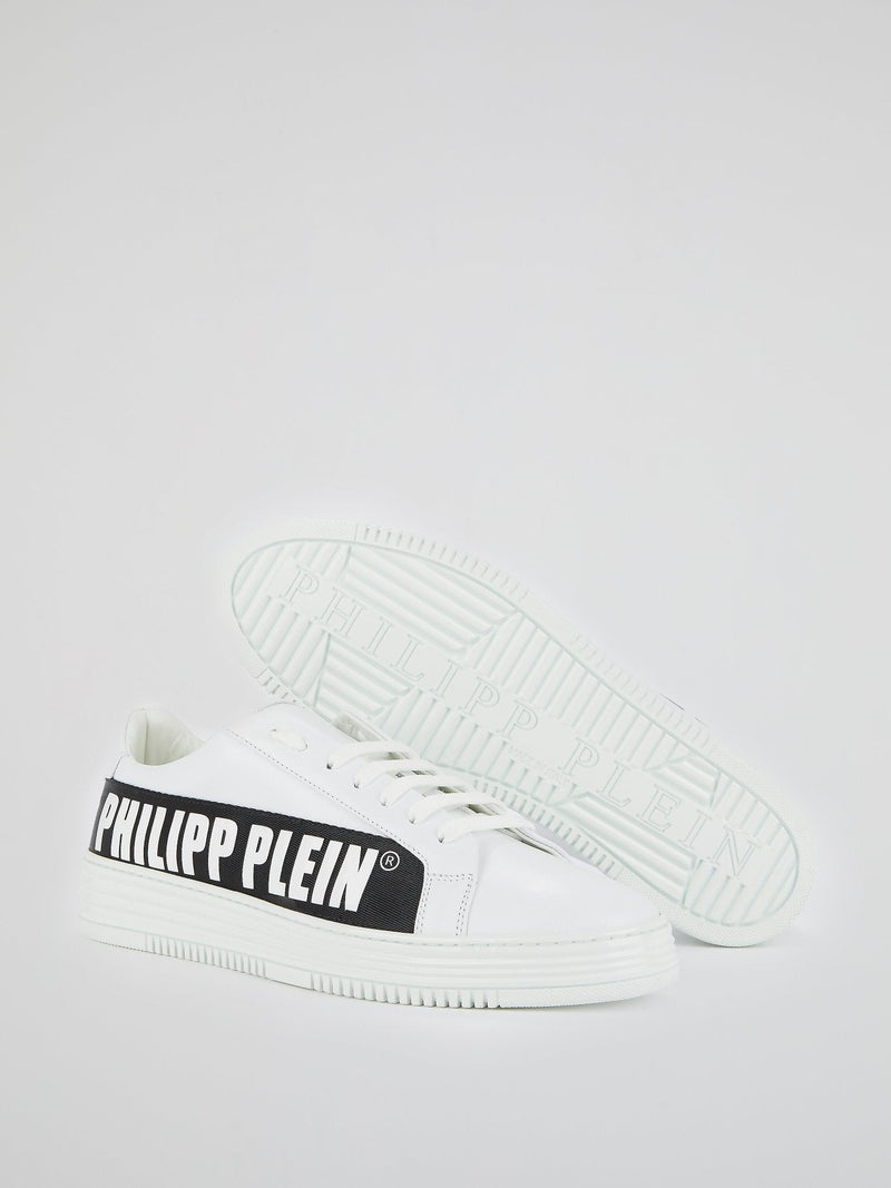 White Logo Stripe Low Top Sneakers