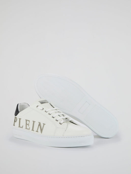 White Logo Embellished Low Top Sneakers