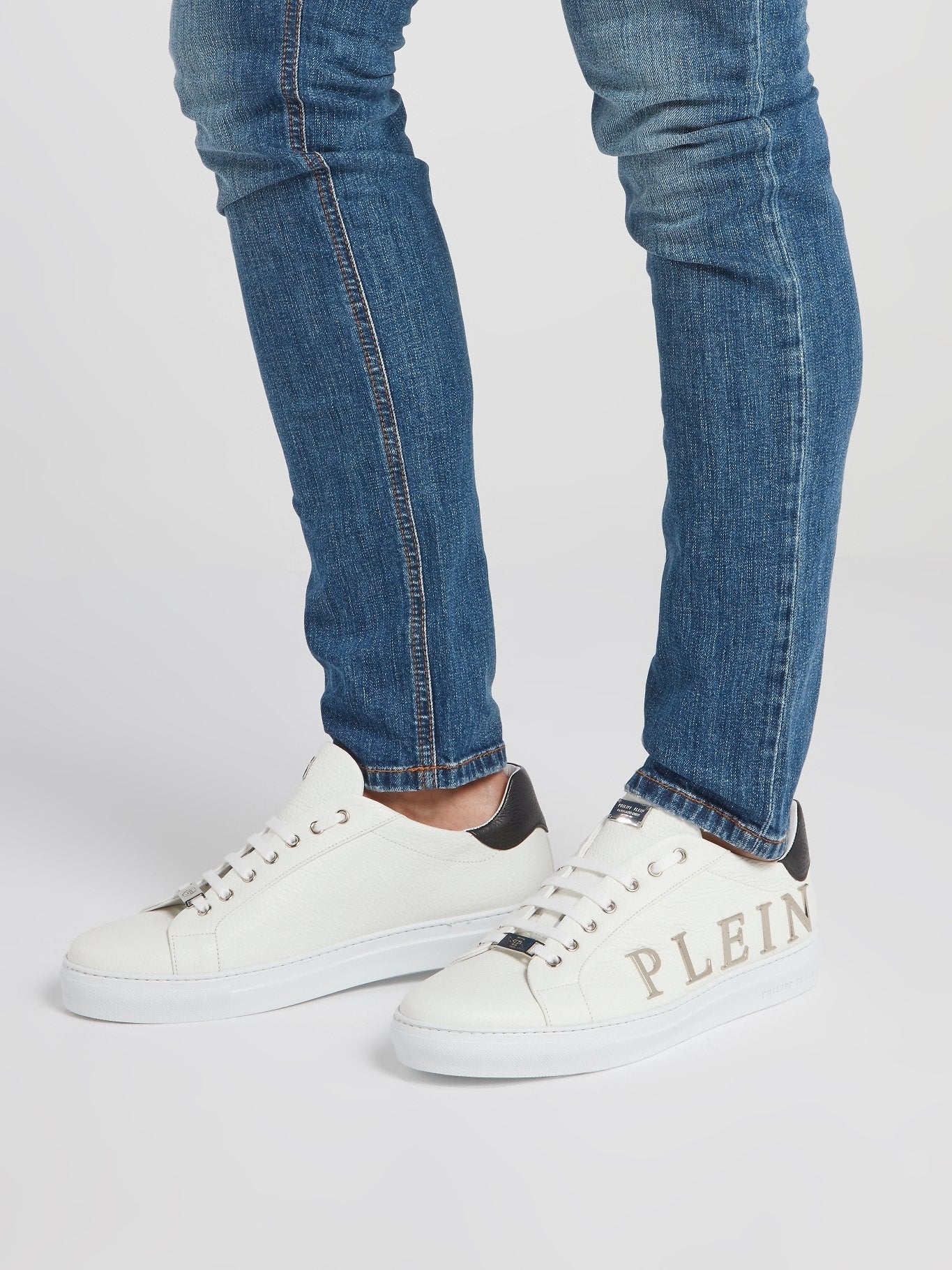 White Logo Embellished Low Top Sneakers