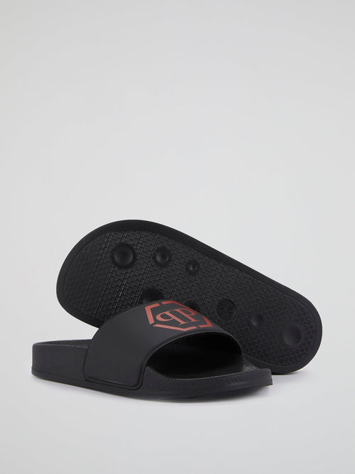 Black Flat Gummy Monogram Sandals