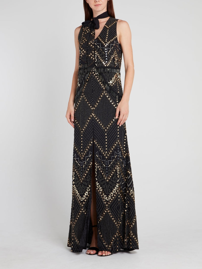 Black Multi-Stud Bow Tie Maxi Dress