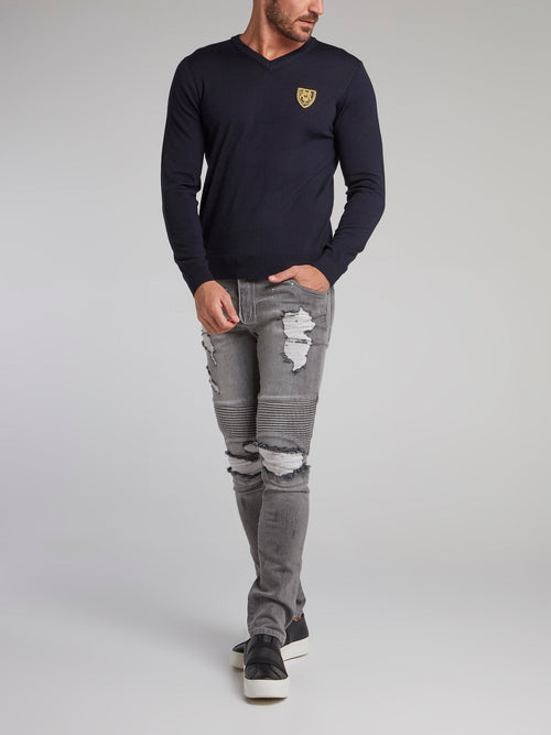 Buckingham Navy Appliquéd V-Neck Pullover