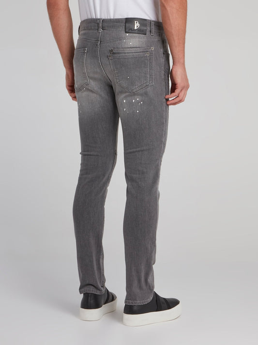 Grey Paint Splatter Biker Jeans