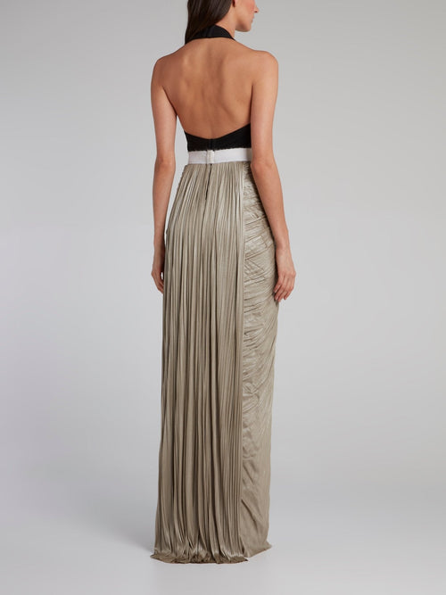 Metallic Ruched Halter Maxi Dress