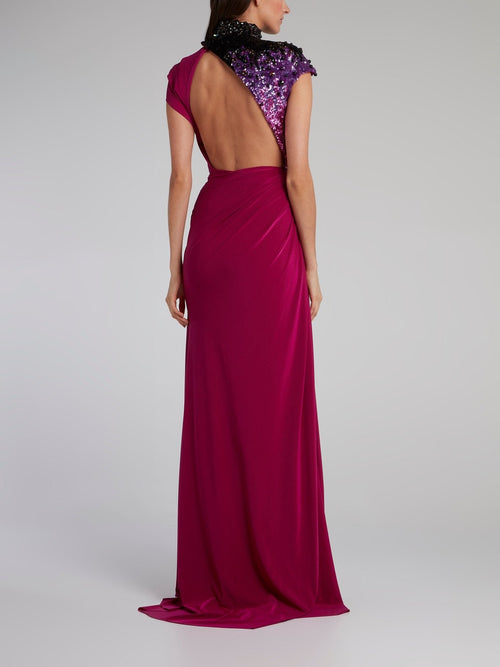 Asymmetric Draped Paillette Maxi Dress