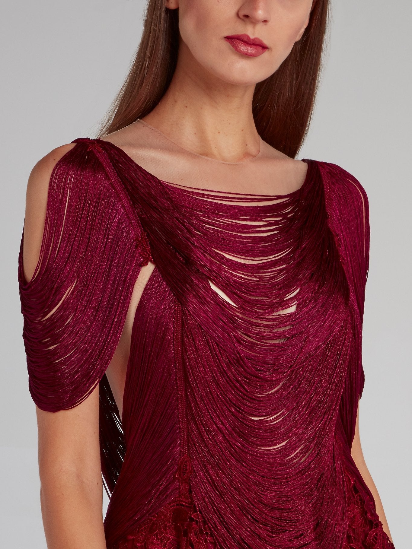 Burgundy Tassel Bodice Lace Midi Dress