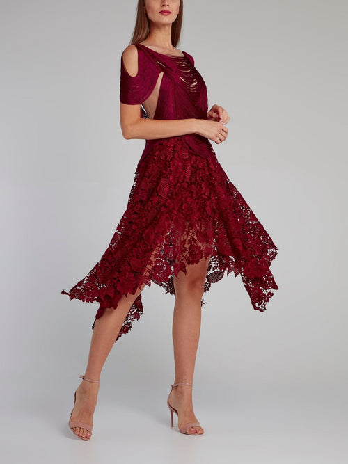 Burgundy Tassel Bodice Lace Midi Dress