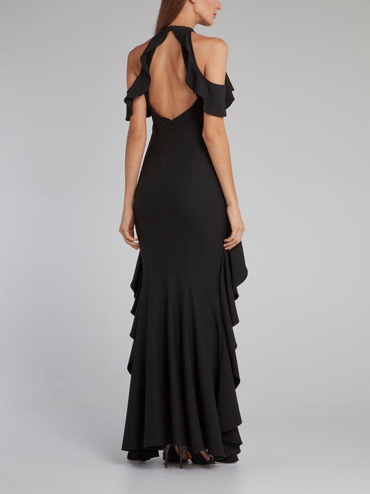 Black Halter Neck Ruffle Gown