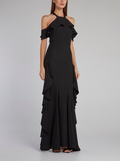 Black Halter Neck Ruffle Gown