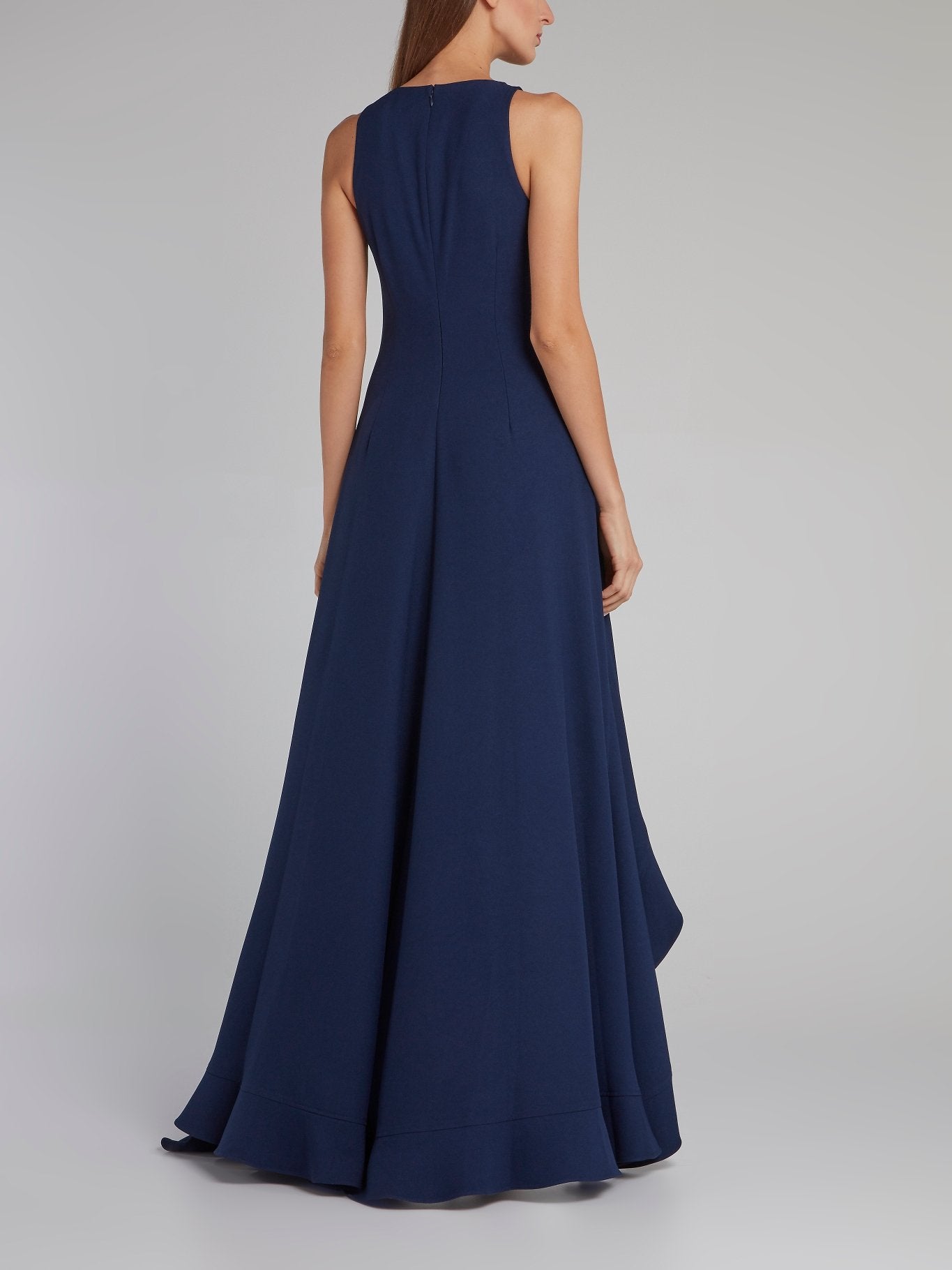 Navy Ruffle Hem Slit Evening Dress